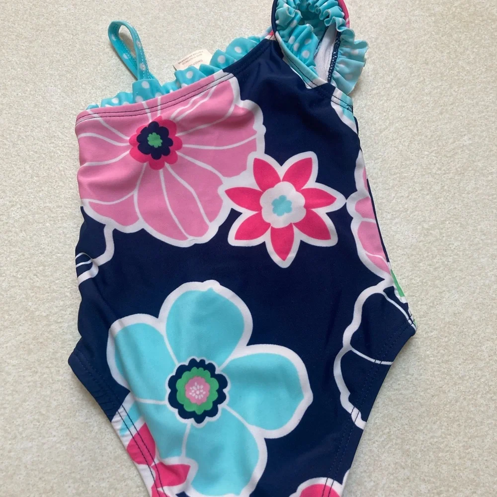 Gymboree Navy One-Piece Swimsuit with Pink Floral Print